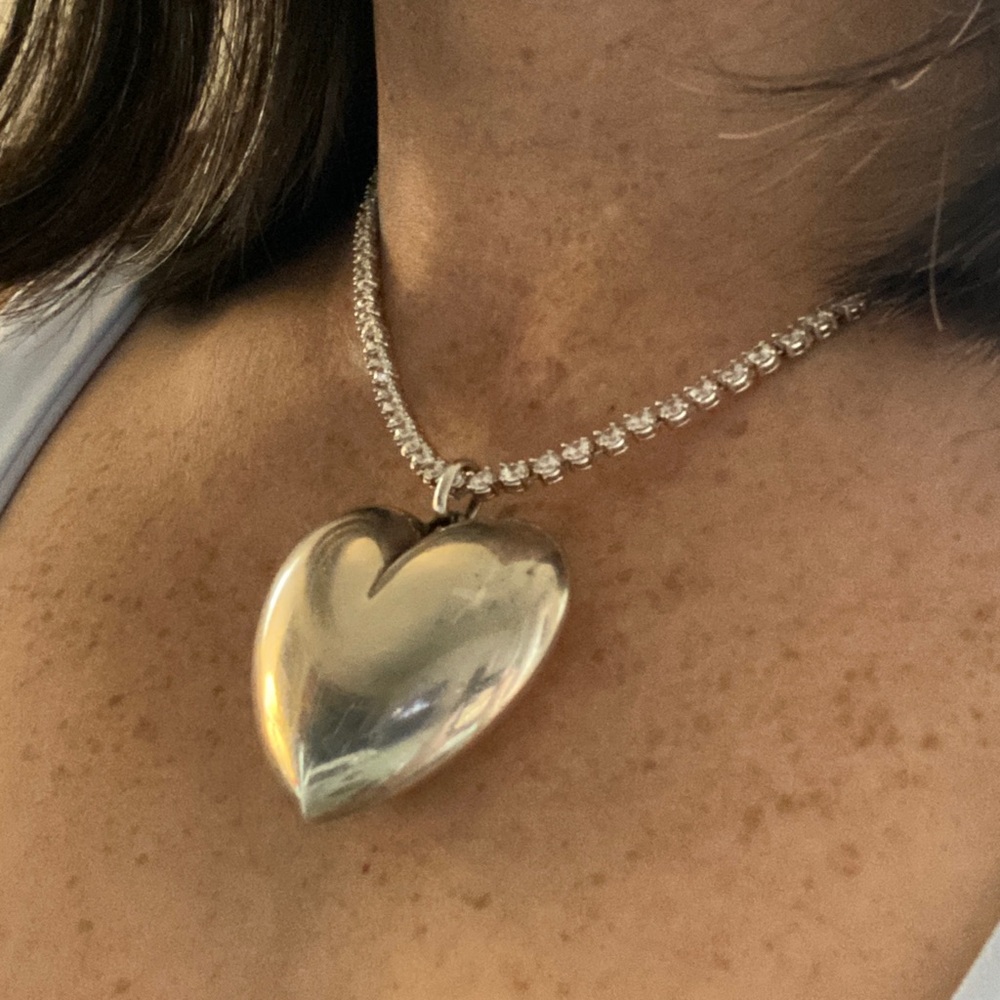 Sterling CZ Tennis Necklace w/ Huge Sterling Heart Pendant - Picture 6 of 17